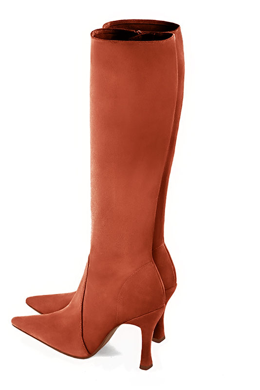 Terracotta orange women's feminine knee-high boots. Pointed toe. Very high spool heels. Made to measure. Top view - Florence KOOIJMAN